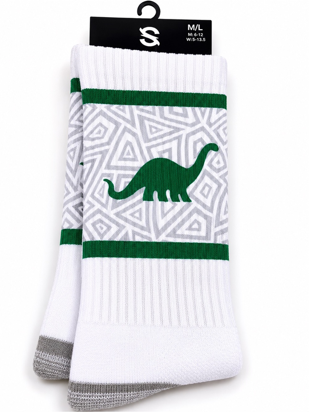 Strideline Dinosaur Crew Socks M/L White Green Athletic Socks NWT